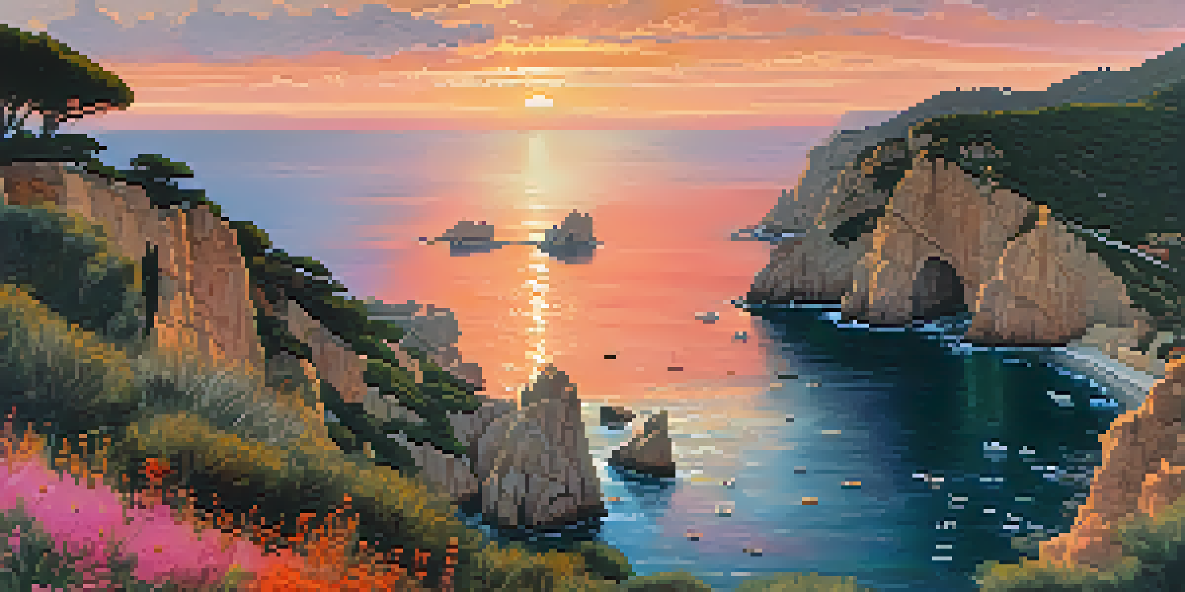A breathtaking sunset over the Mediterranean Sea, with rugged cliffs and blooming wildflowers in the foreground, and silhouettes of fishing villages in the distance.