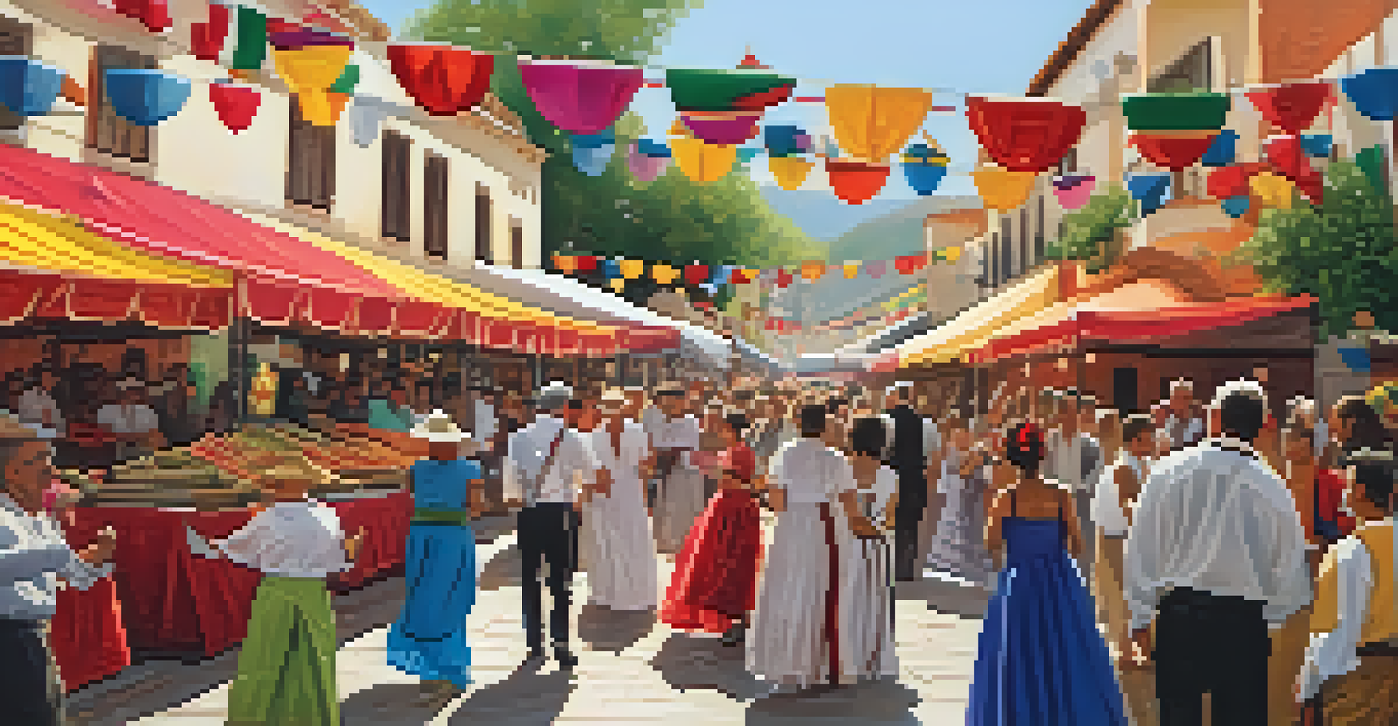 A lively outdoor street scene during a Spanish festival, showcasing colorful decorations and locals in traditional attire enjoying food and dancing.