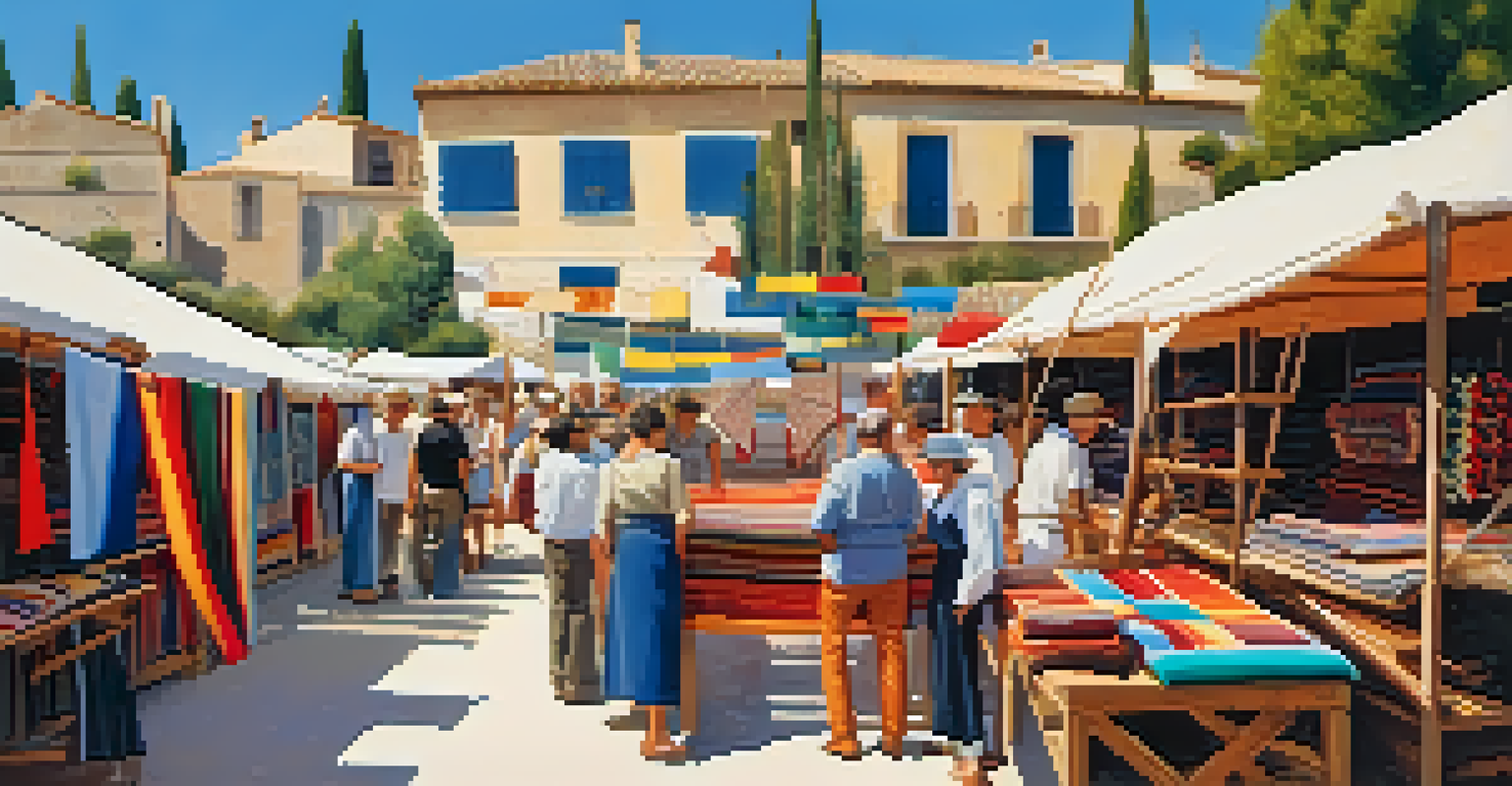 A lively textile festival in Igualada, Catalonia, with visitors browsing handcrafted textiles and artisans demonstrating weaving techniques under clear skies.