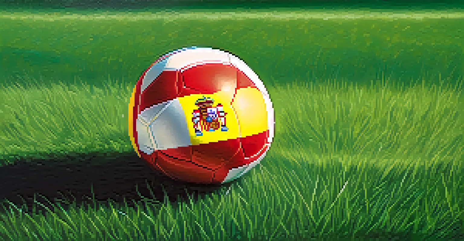 A close-up of a football featuring the Spanish flag design on a grassy field.