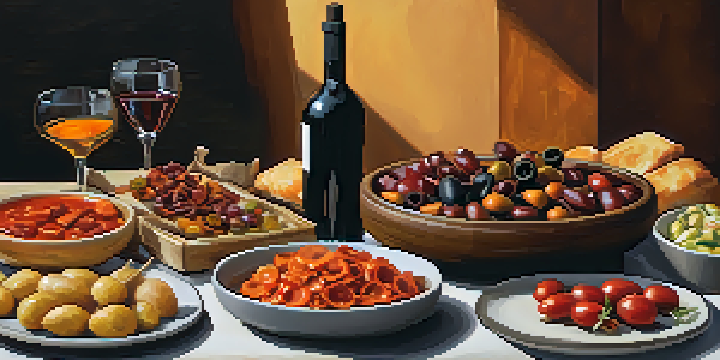 A colorful display of Spanish tapas, including olives, patatas bravas, and chorizo, with a bottle of red wine in the background.