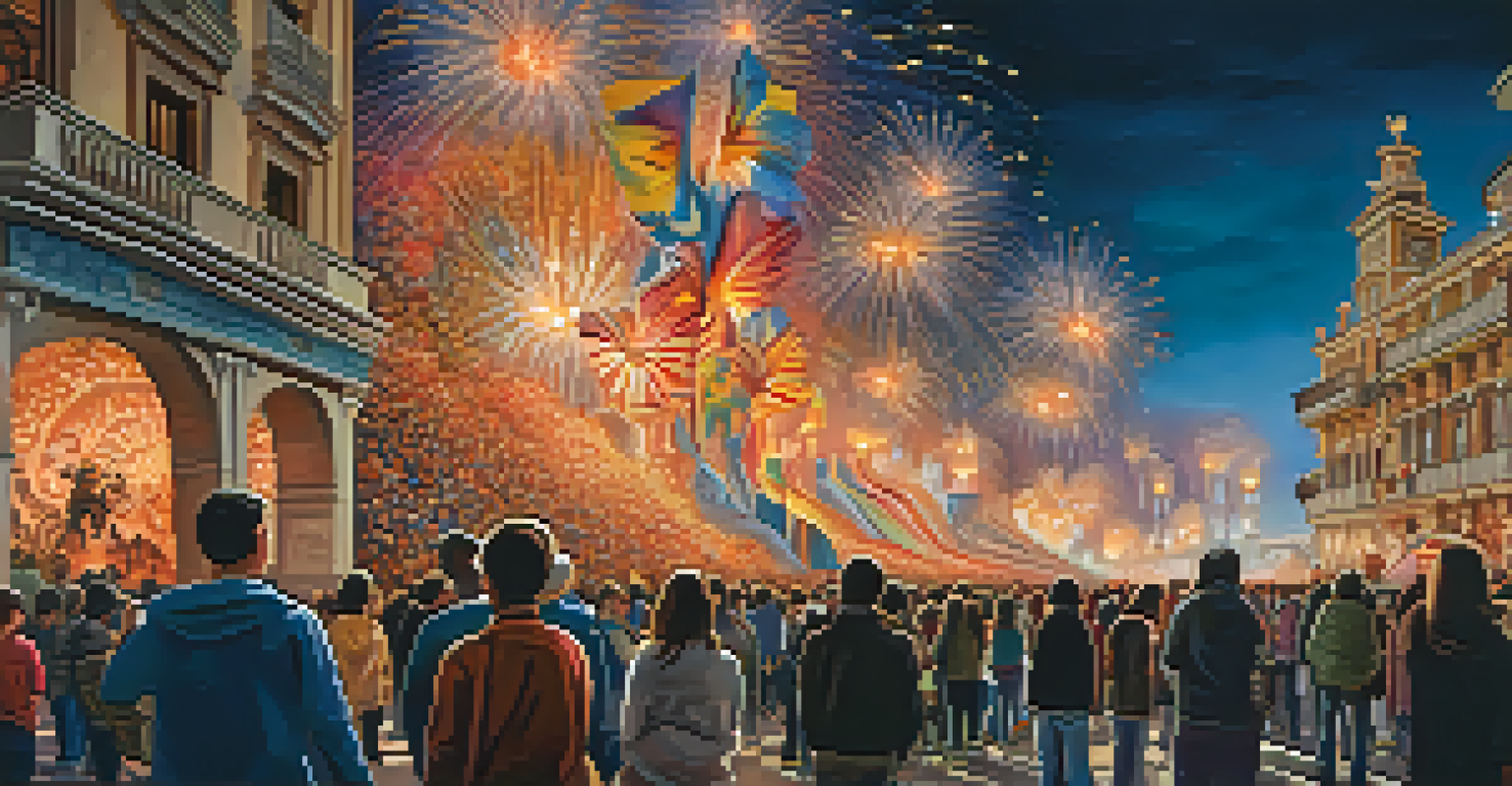 A night scene of Las Fallas festival in Valencia, featuring large sculptures and fireworks lighting up the sky, with people gathered in awe.