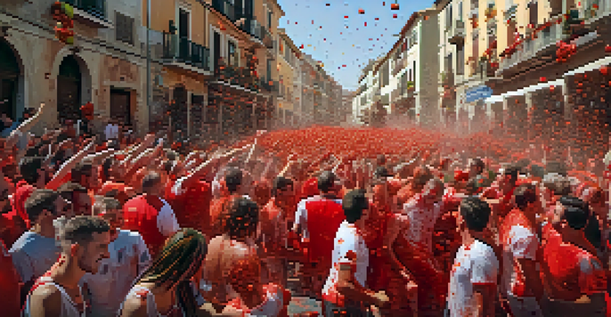 Participants in La Tomatina festival throwing tomatoes at each other amidst a colorful crowd and warm sunlight.