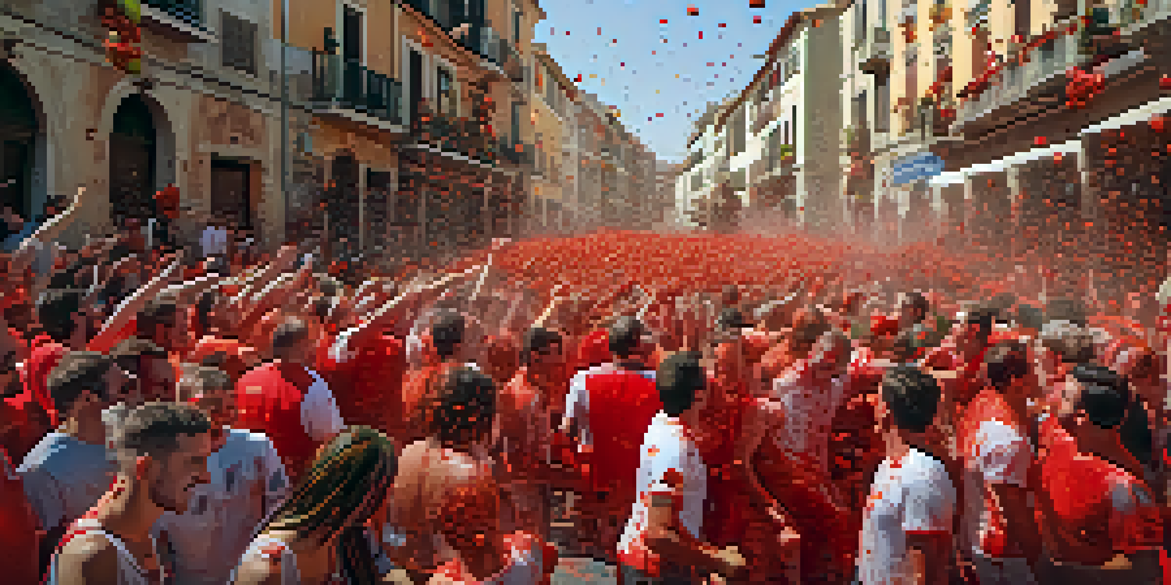 Participants in La Tomatina festival throwing tomatoes at each other amidst a colorful crowd and warm sunlight.