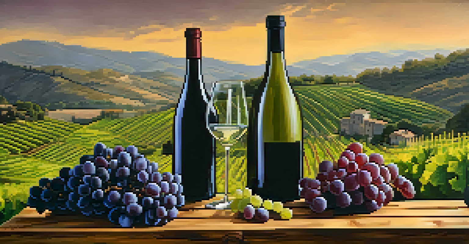 An arrangement of different grape varietals from Priorat on a wooden board with rolling vineyards in the background.
