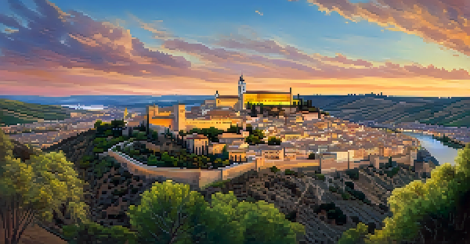 A sunset view of Toledo, Spain, highlighting the Alcázar fortress and the Tagus River, with colorful sky reflections.