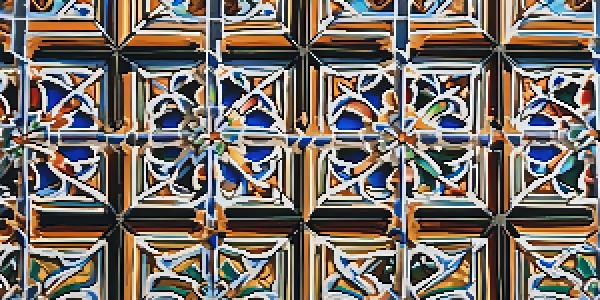 A close-up view of colorful Mudejar tiles displaying geometric patterns, with sunlight highlighting the textures and intricate details.