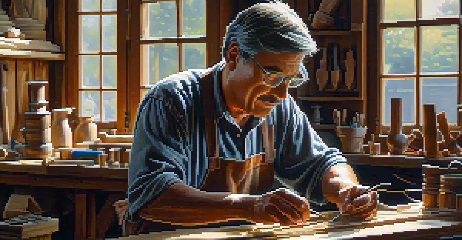 A craftsman skillfully carving wood in a well-lit workshop, surrounded by tools and finished art pieces, showcasing dedication and artistry.