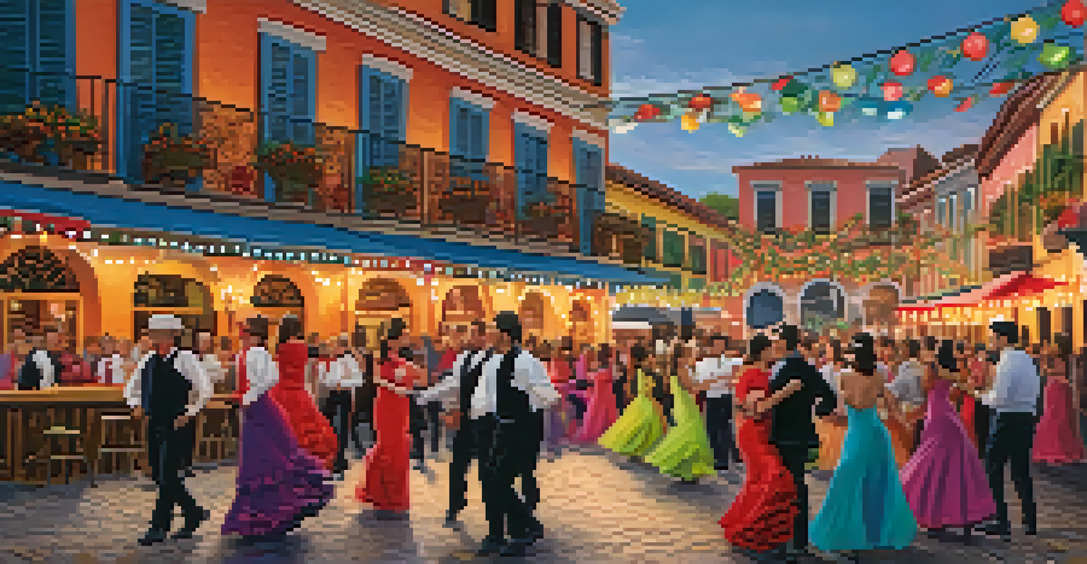 A lively festival in a quaint town square with people dancing and colorful decorations.