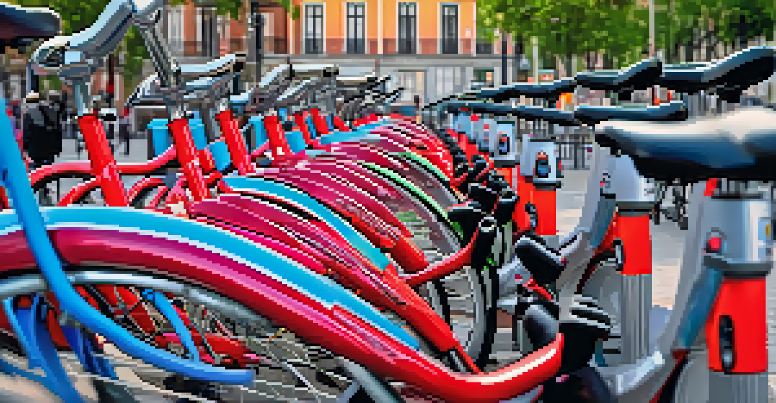 Close-up of a bike-sharing station in Madrid with colorful bicycles and pedestrians in the background.