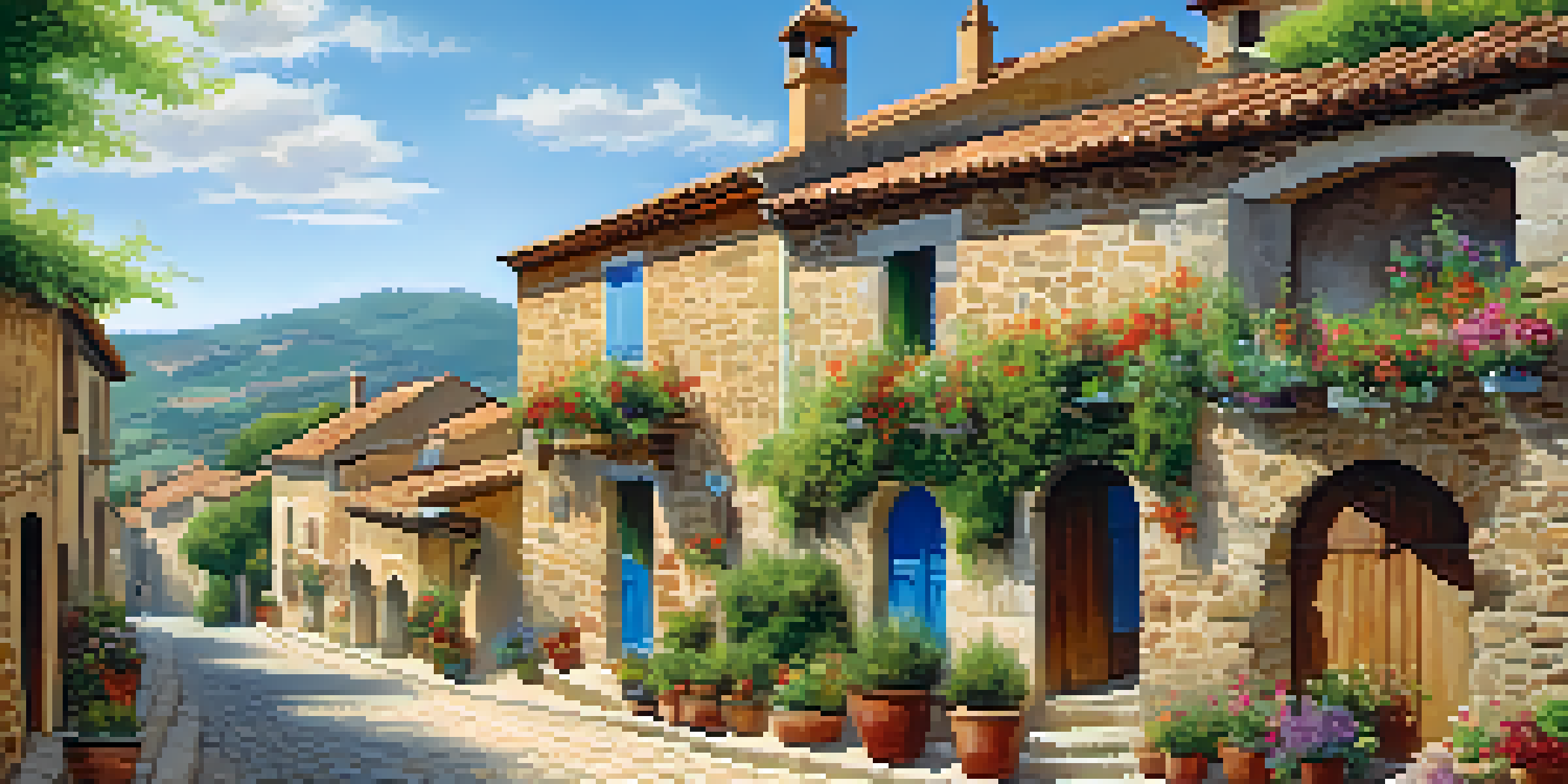 A charming rural village in Spain with stone houses, locals teaching cooking classes, and green hills under a blue sky.