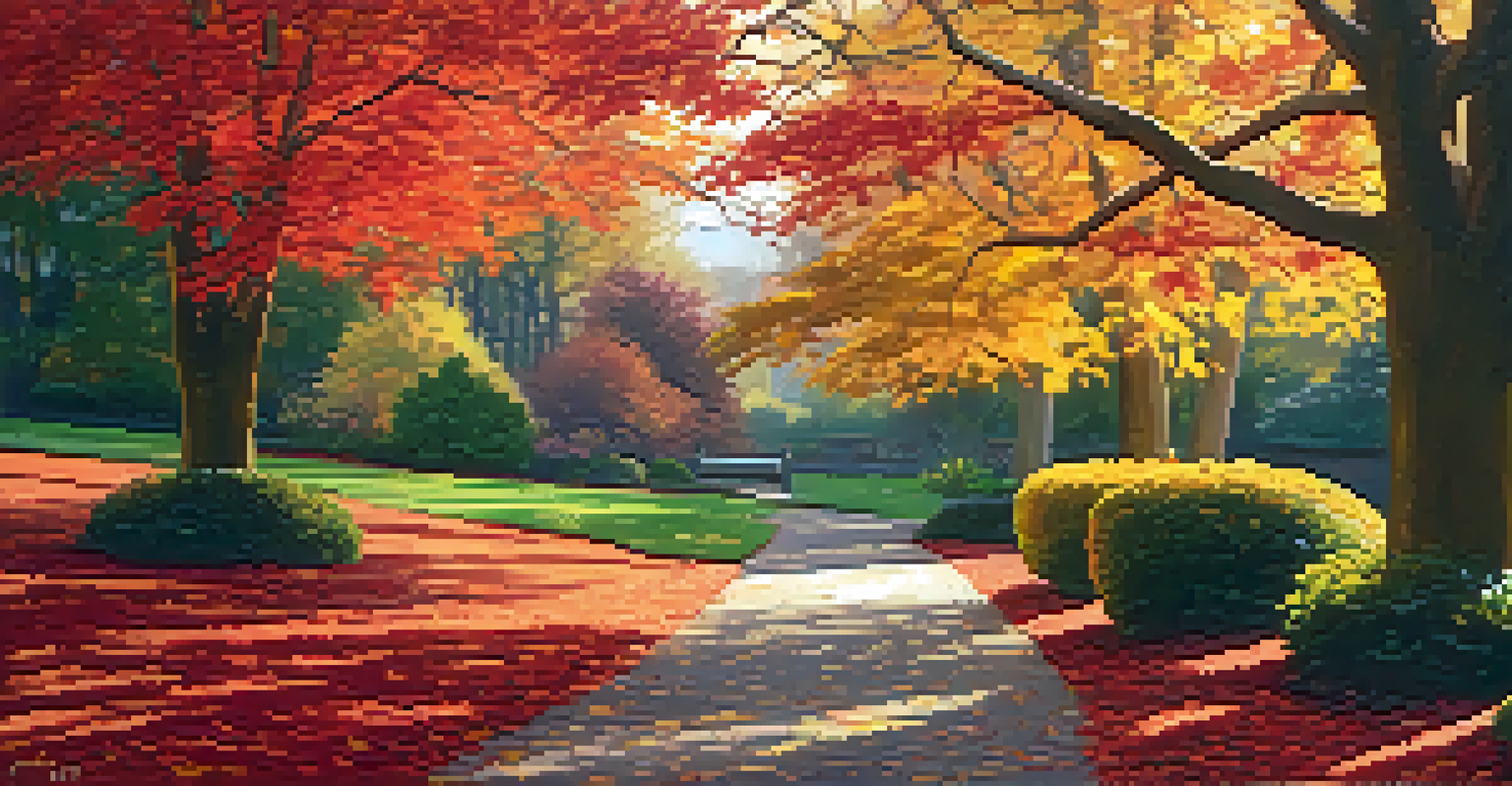 A picturesque autumn scene in the Royal Botanical Garden with colorful leaves and a winding path, illuminated by the soft light of the setting sun.