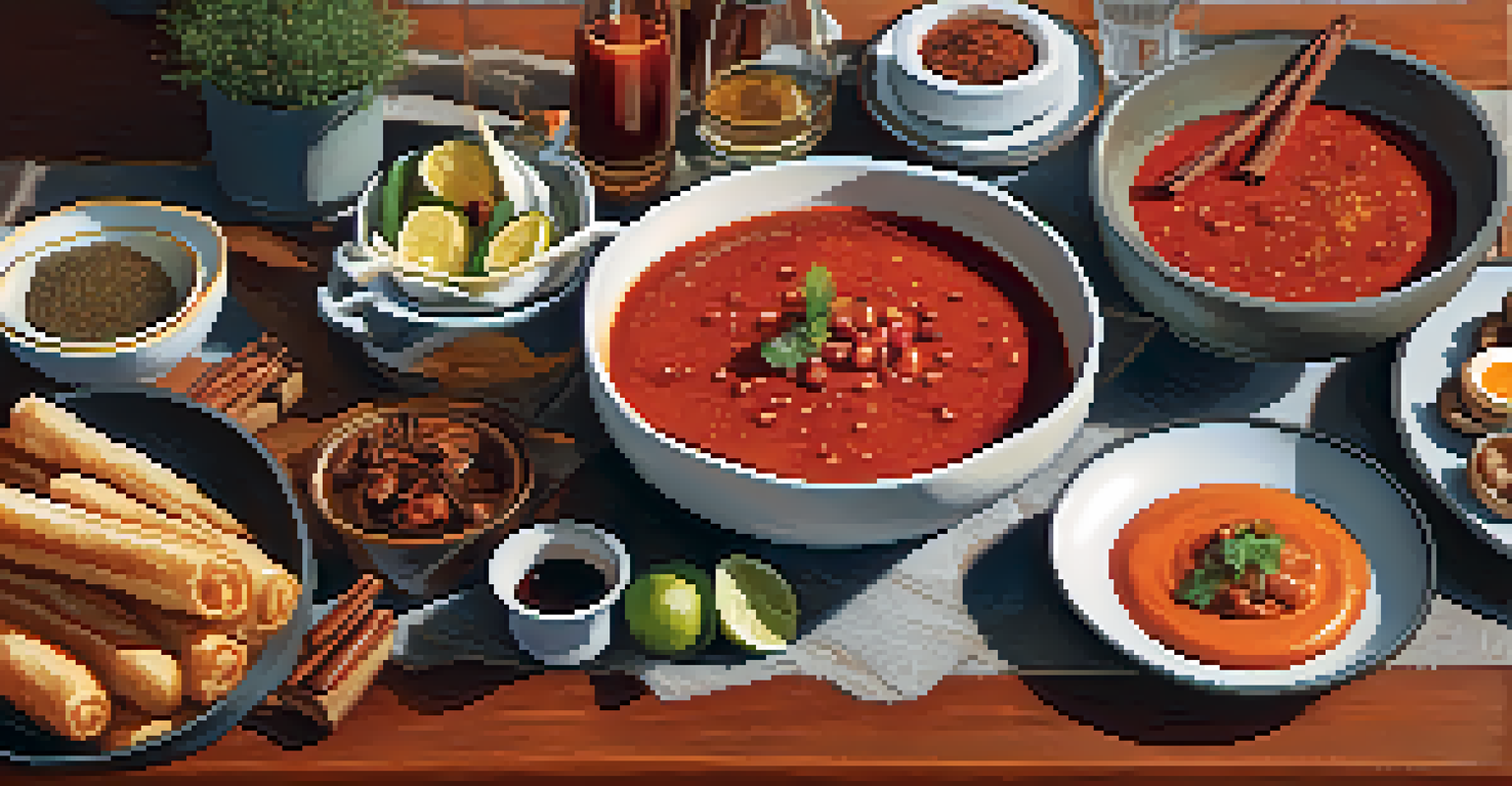 A modern spread of Spanish tapas including chorizo, gazpacho, and churros presented stylishly on a table with bright natural light.