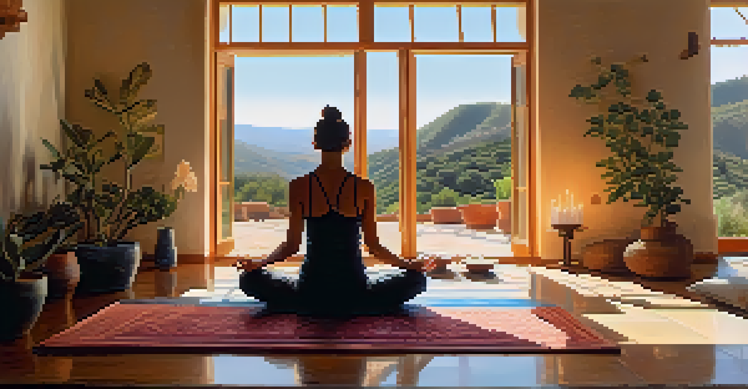 A peaceful meditation scene in a spiritual retreat, with a person sitting on a yoga mat surrounded by plants and natural light.