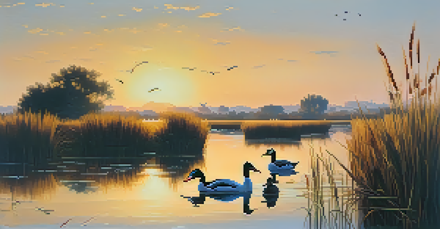 A tranquil waterway at Ebro Delta with waterfowl and morning light.