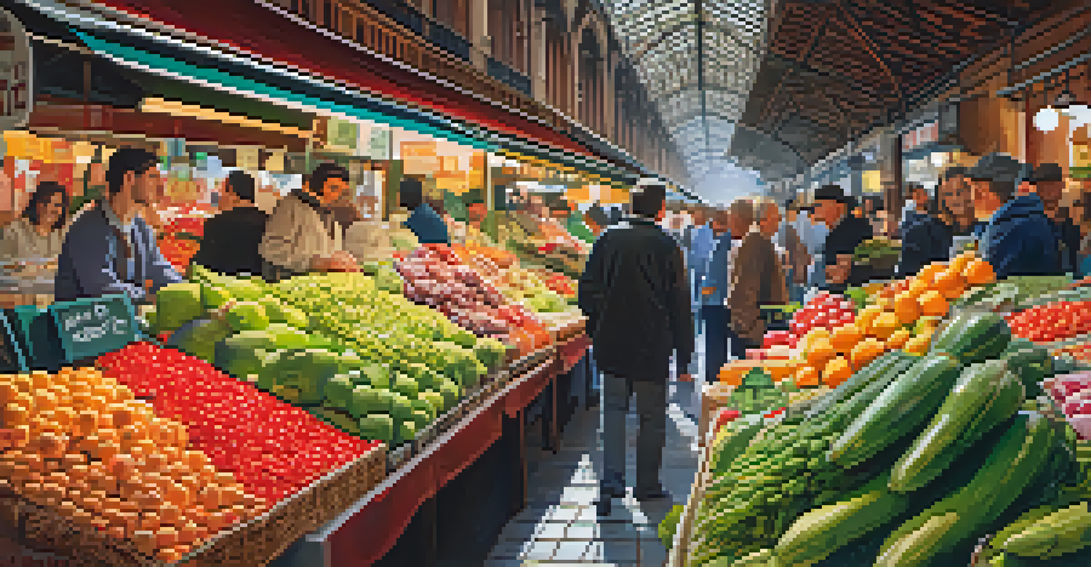 A colorful market scene at La Boqueria, filled with fresh fruits and vegetables, showcasing the vibrant atmosphere.