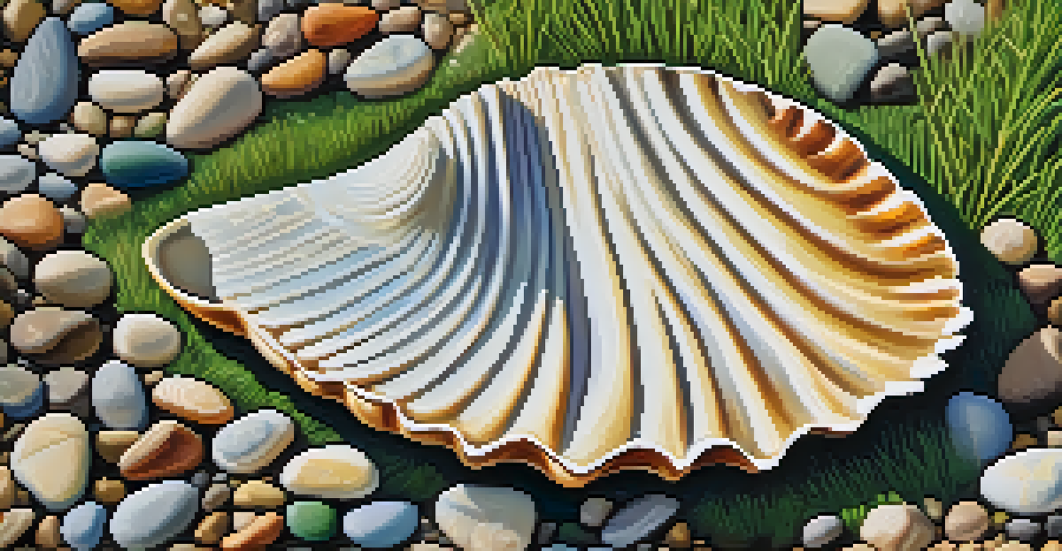 A close-up of the scallop shell symbol on the Camino de Santiago path surrounded by pebbles and grass.