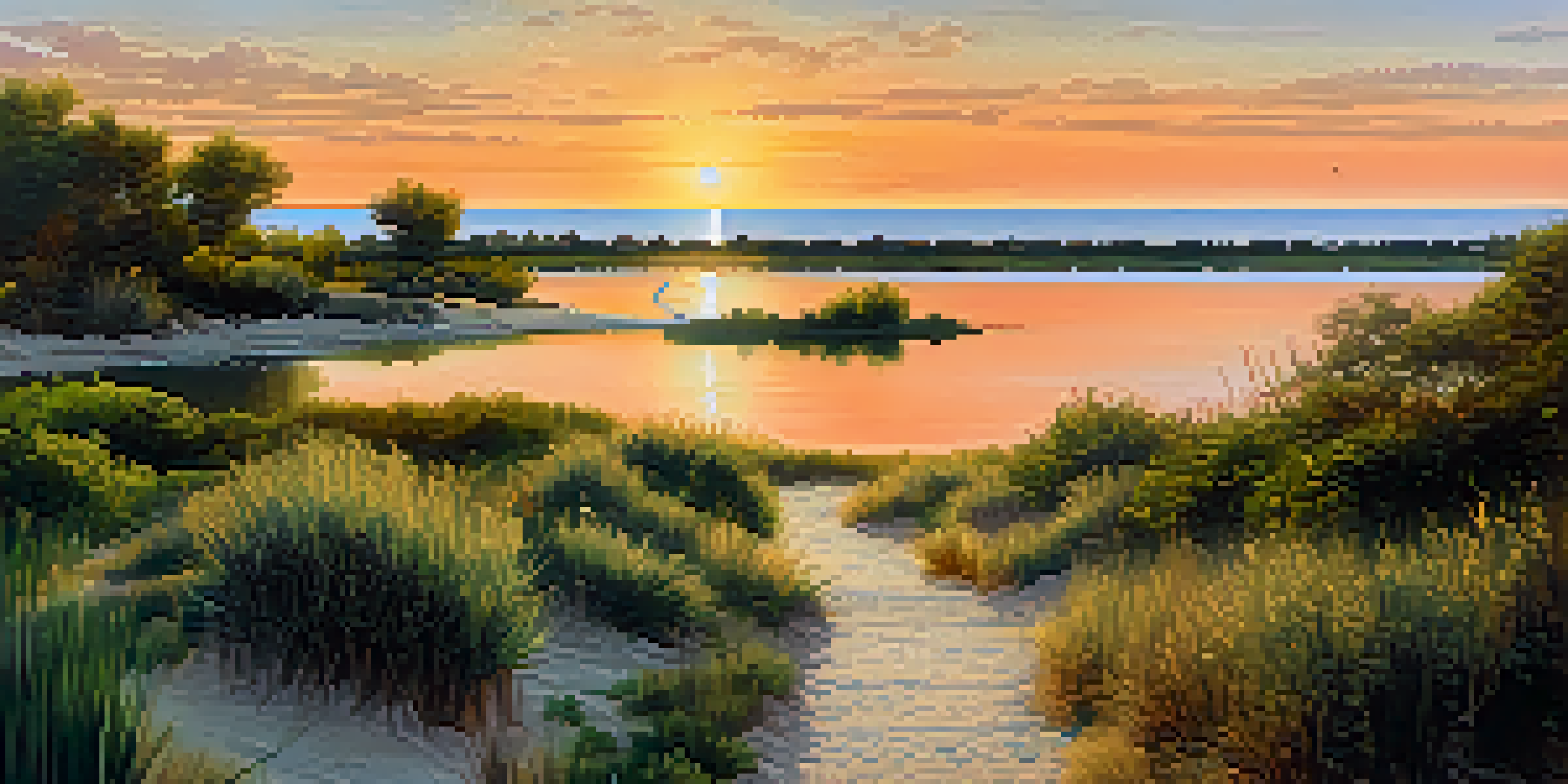 A family walking along a serene beach in La Albufera Natural Park during sunset, surrounded by lush greenery and a tranquil lagoon.