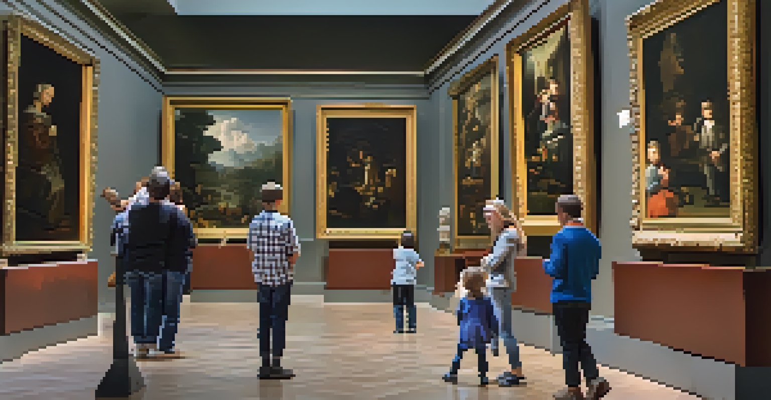 A family exploring the Museo del Prado, with children engaged by a guide explaining famous paintings.