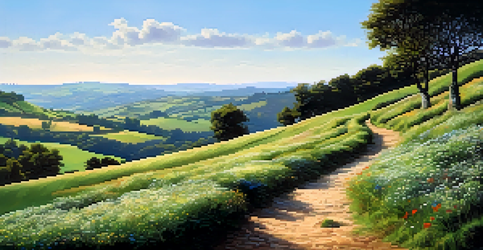 A scenic view of the Camino de Santiago with a winding path through green hills, wildflowers, and historic churches in the background under a bright sky.