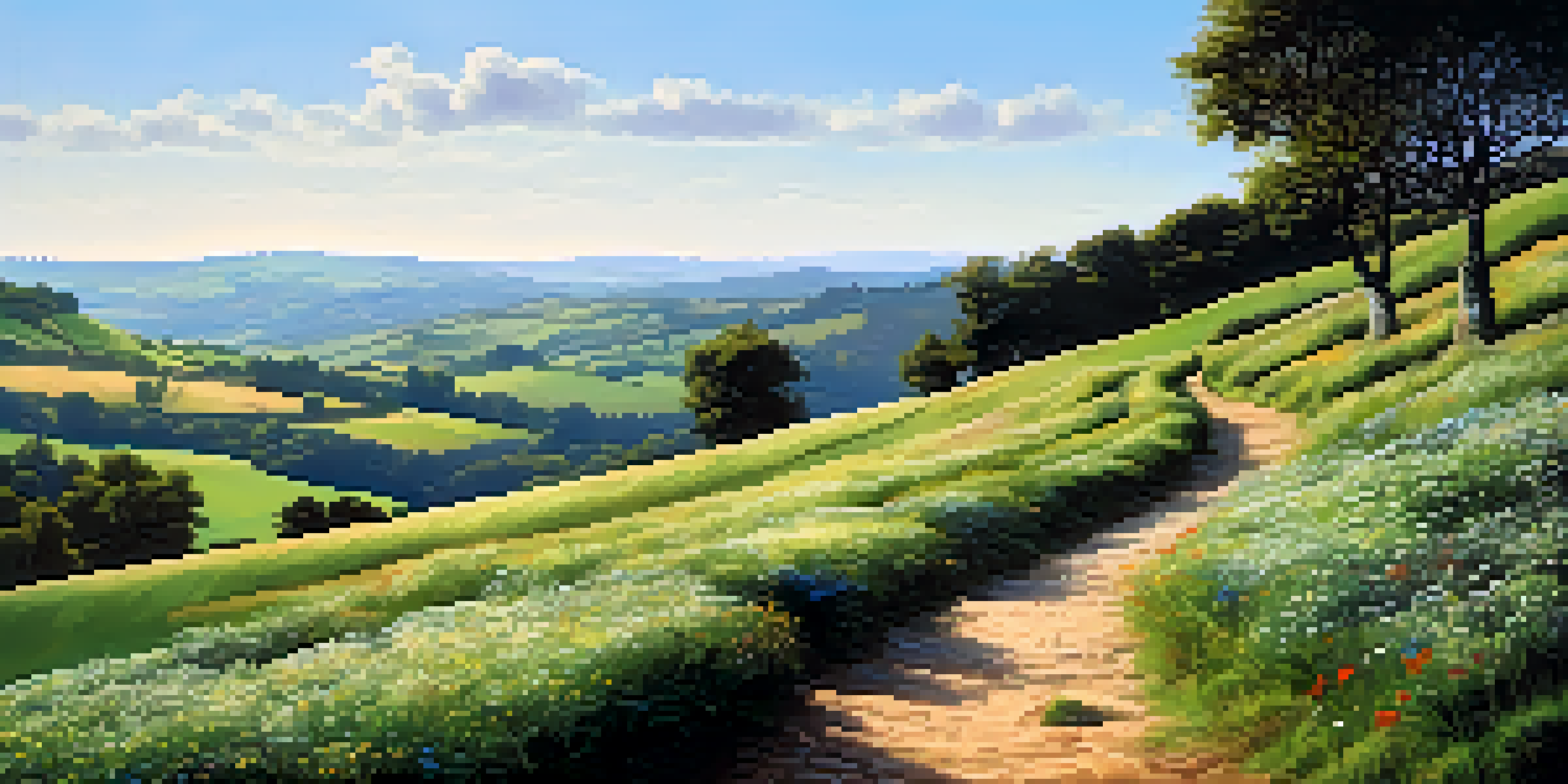 A scenic view of the Camino de Santiago with a winding path through green hills, wildflowers, and historic churches in the background under a bright sky.