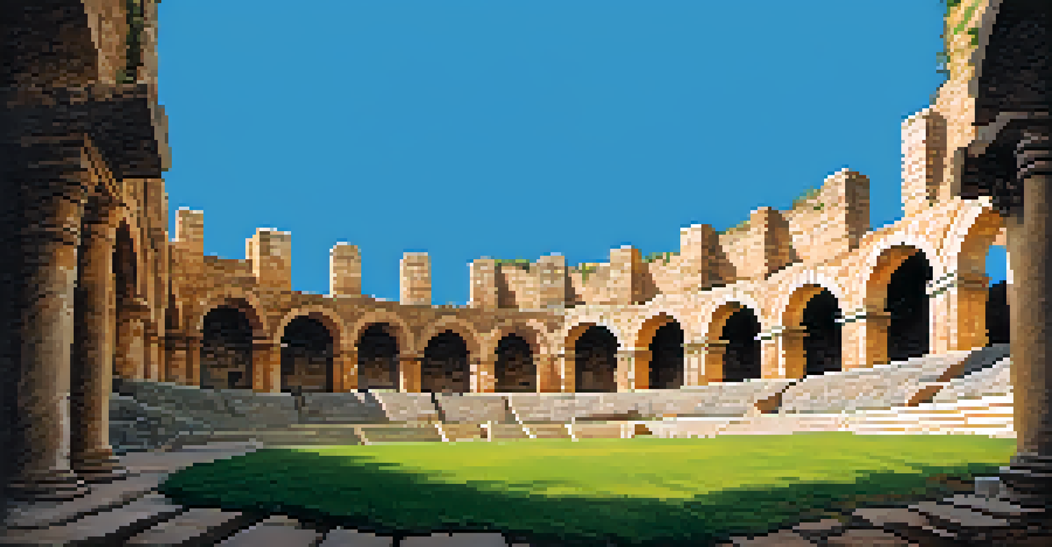 The ancient amphitheater in Tarragona, showcasing towering stone arches against a blue sky.
