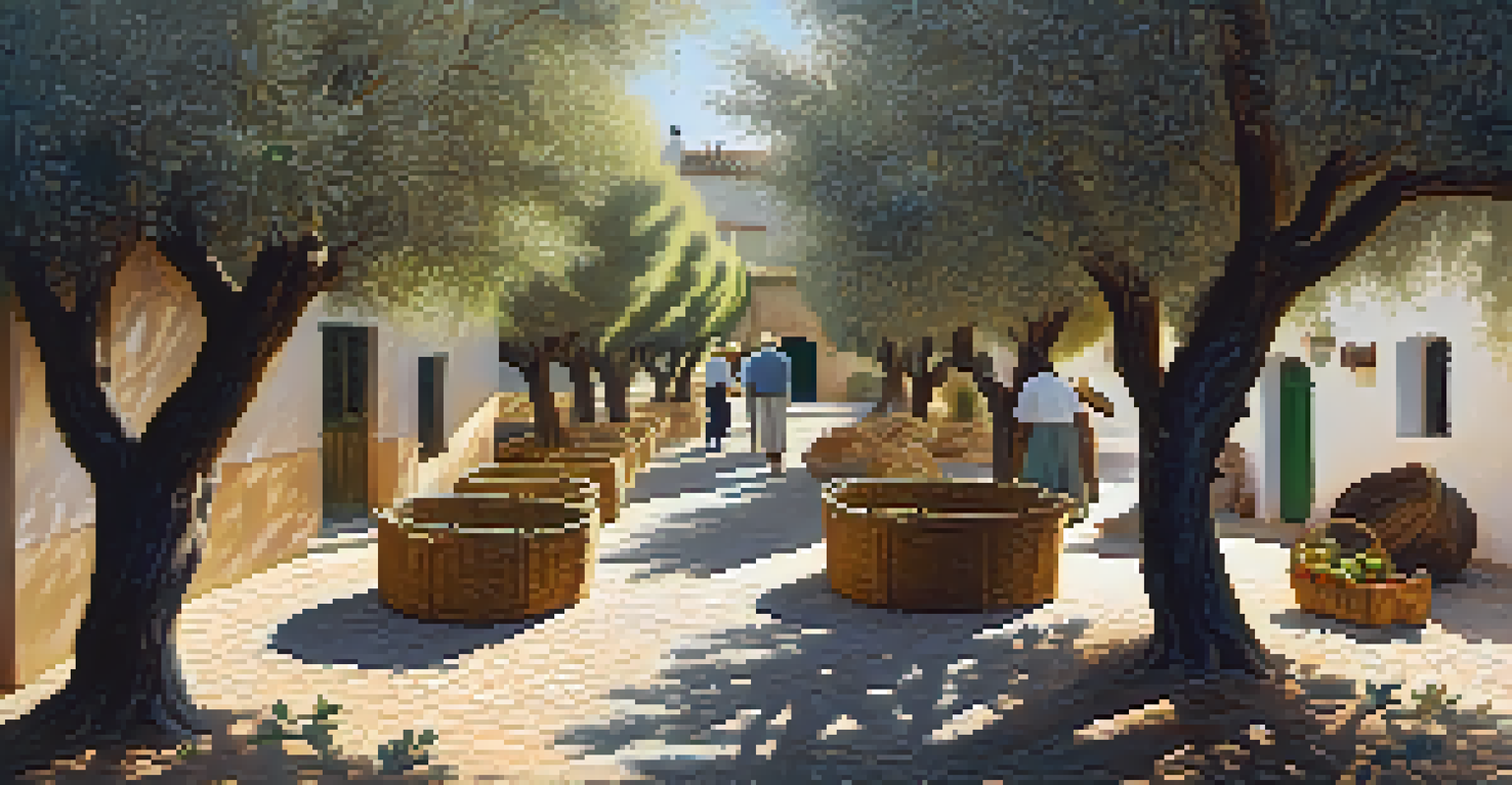 An olive oil farm in Andalusia, Spain, showcasing olive trees and a farmer harvesting olives in morning light.