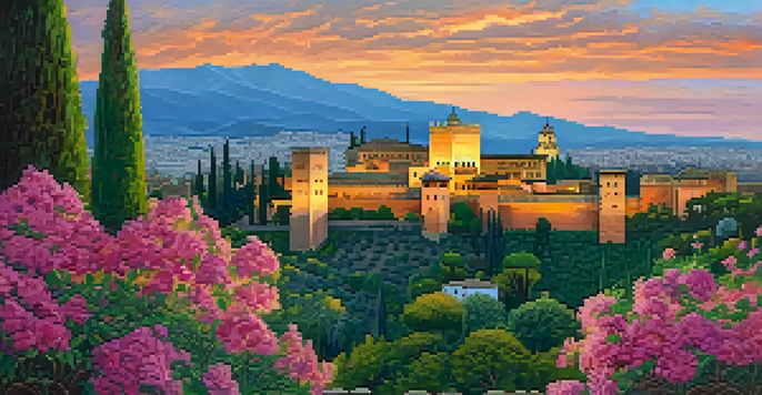 A picturesque sunset view of the Alhambra in Granada, highlighting its intricate architecture and blooming gardens.