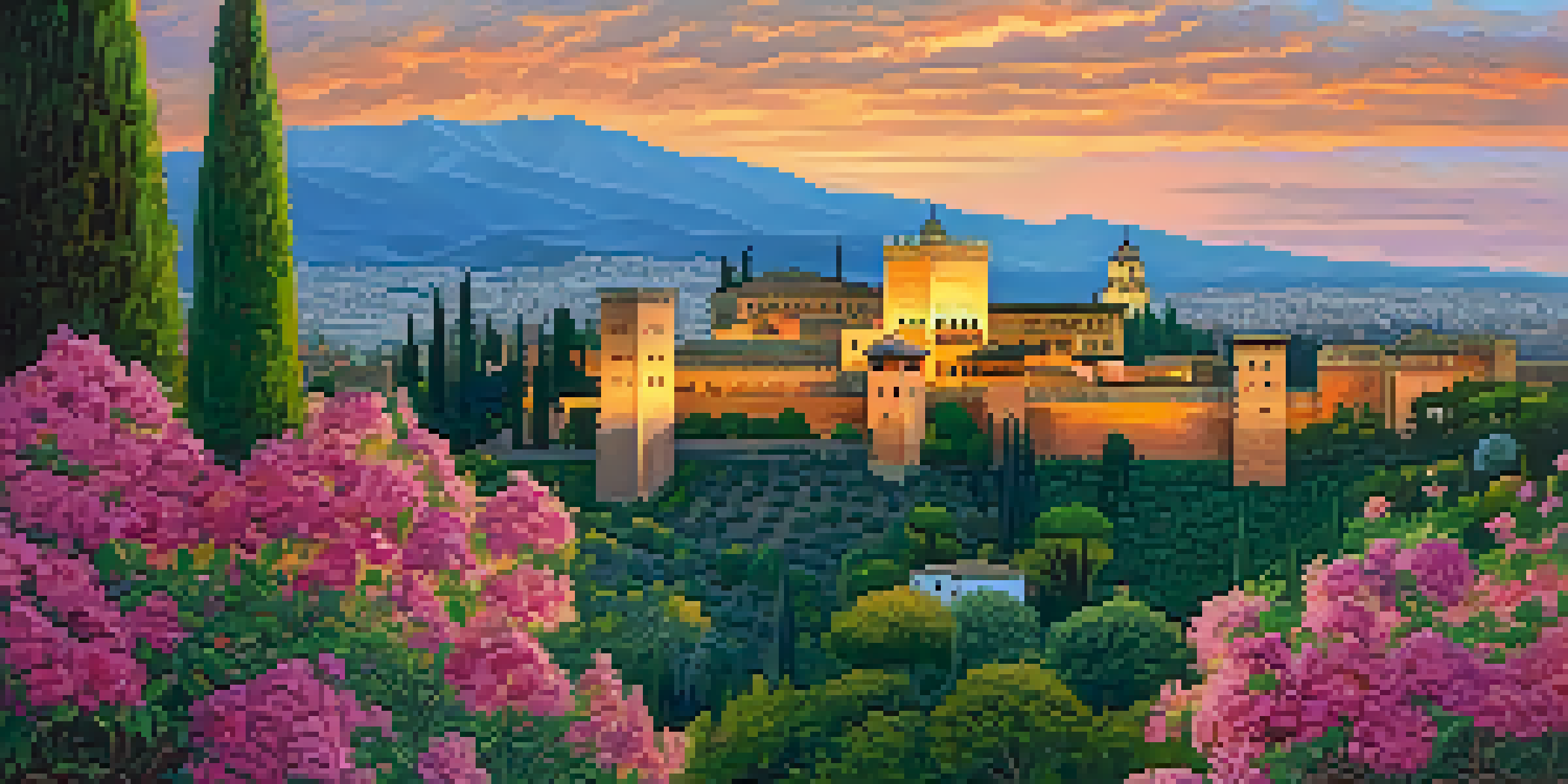 A picturesque sunset view of the Alhambra in Granada, highlighting its intricate architecture and blooming gardens.