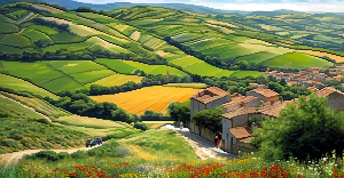 A scenic view of the Camino de Santiago with pilgrims walking on a winding path through green hills and wildflowers, with villages and churches in the background.