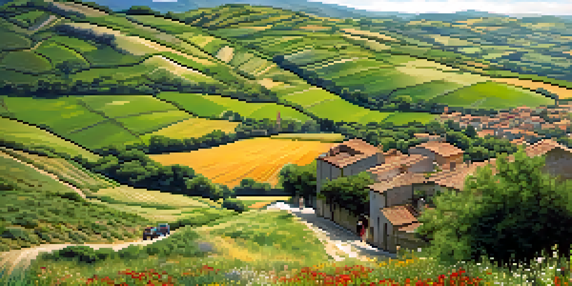 A scenic view of the Camino de Santiago with pilgrims walking on a winding path through green hills and wildflowers, with villages and churches in the background.