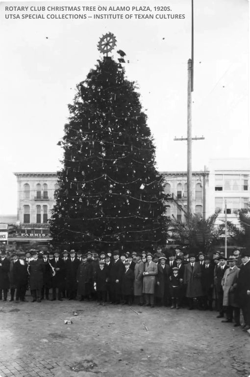 Historical photograph of a community Christmas tree in Alamo Plaza