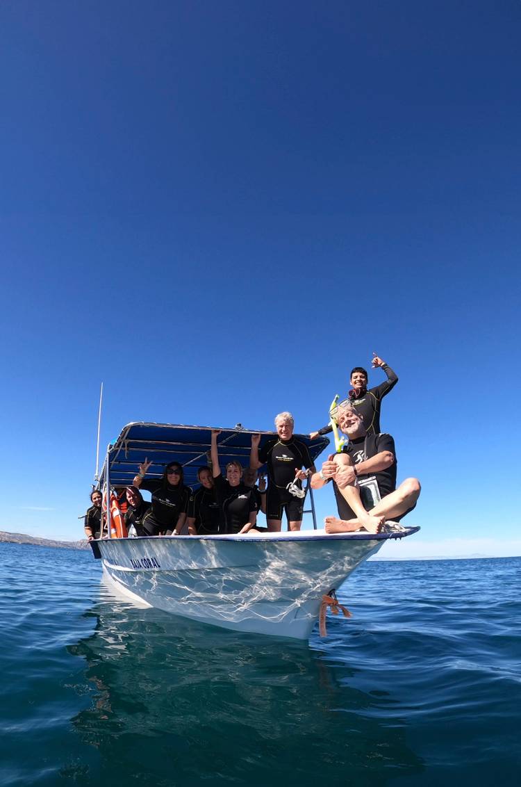 Grupo de snorkelistas en un bote, emocionados y listos para una aventura con tiburones ballena bajo un cielo azul claro.
