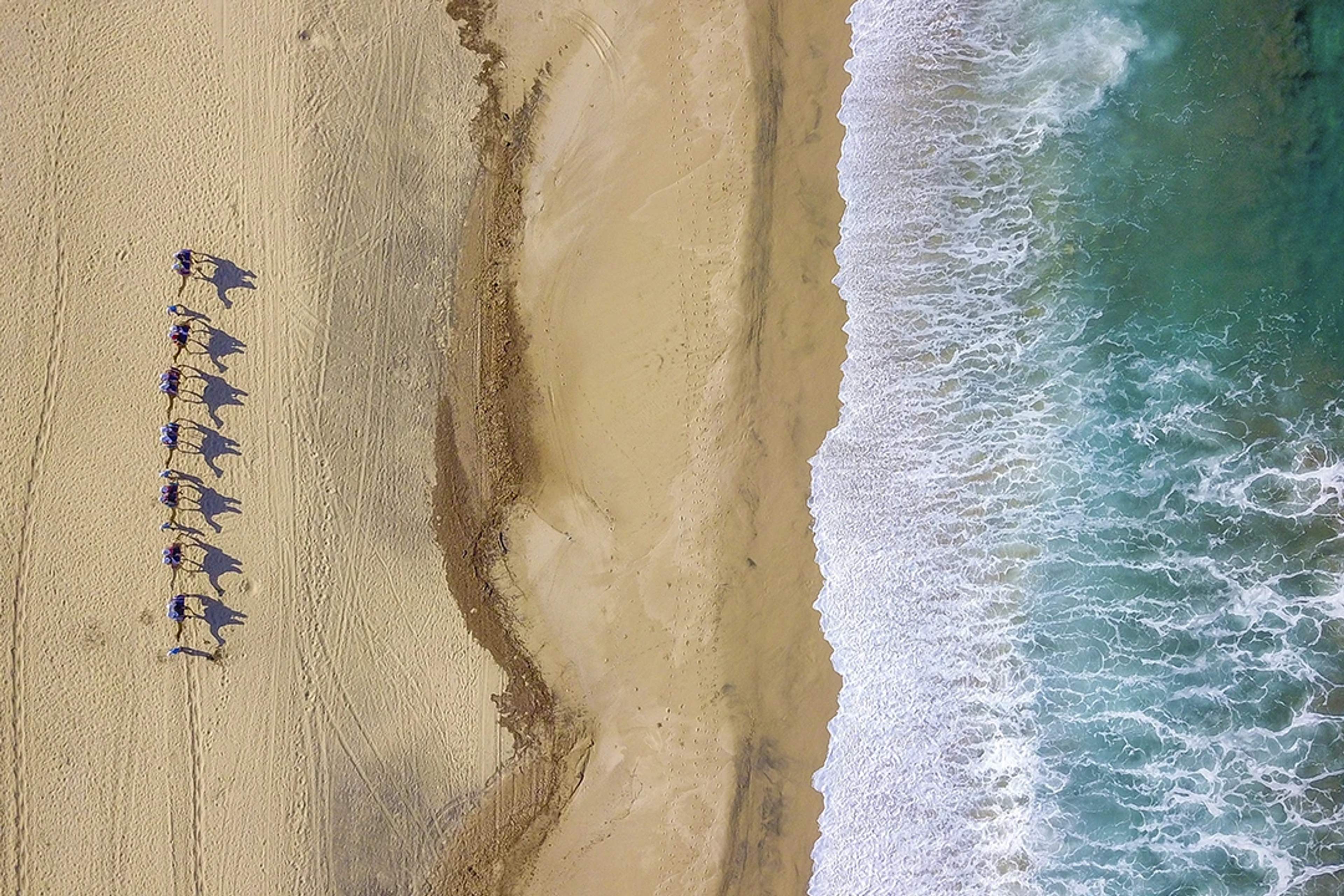 Aerial view of a line of people riding camels along a sandy beach, with turquoise ocean waves washing onto the shore.