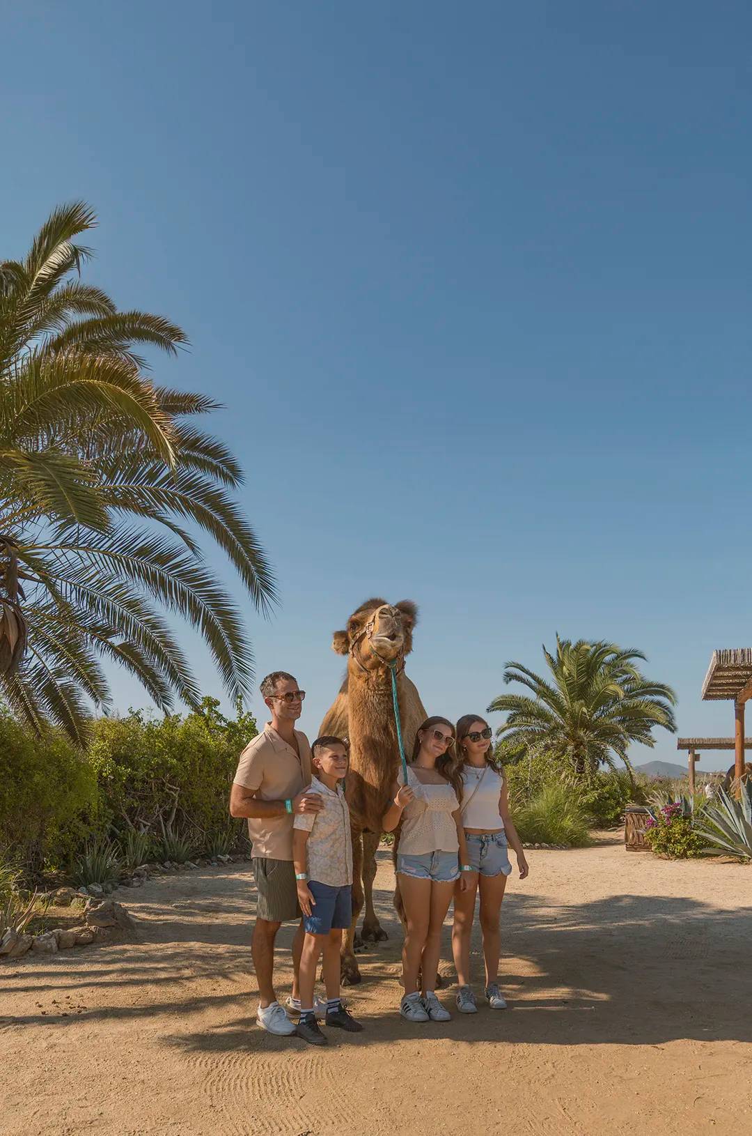Family posing with a friendly camel in a tropical setting under clear blue skies.
