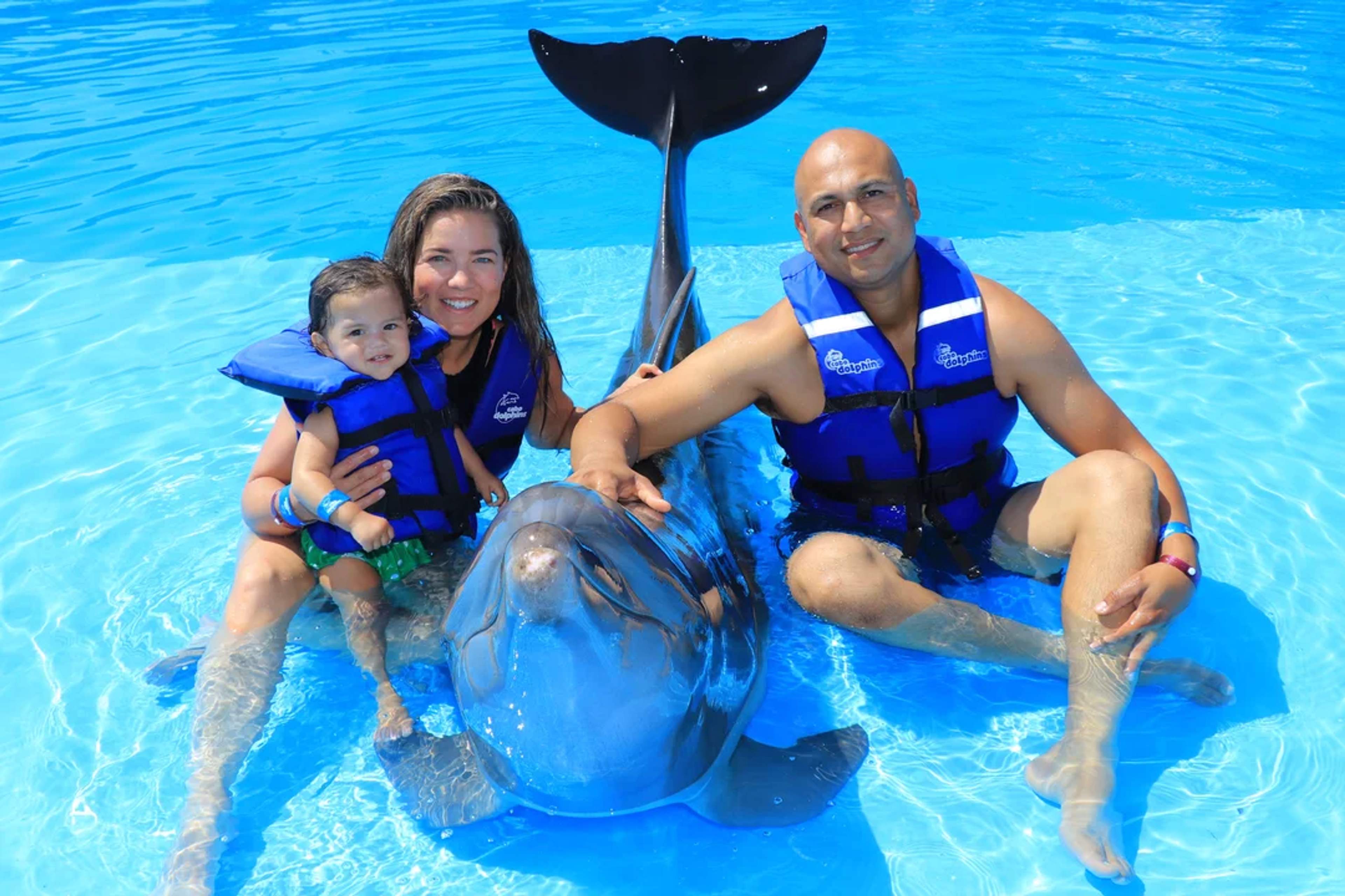 A happy family wearing life jackets poses with a dolphin in a bright blue pool, enjoying the experience.