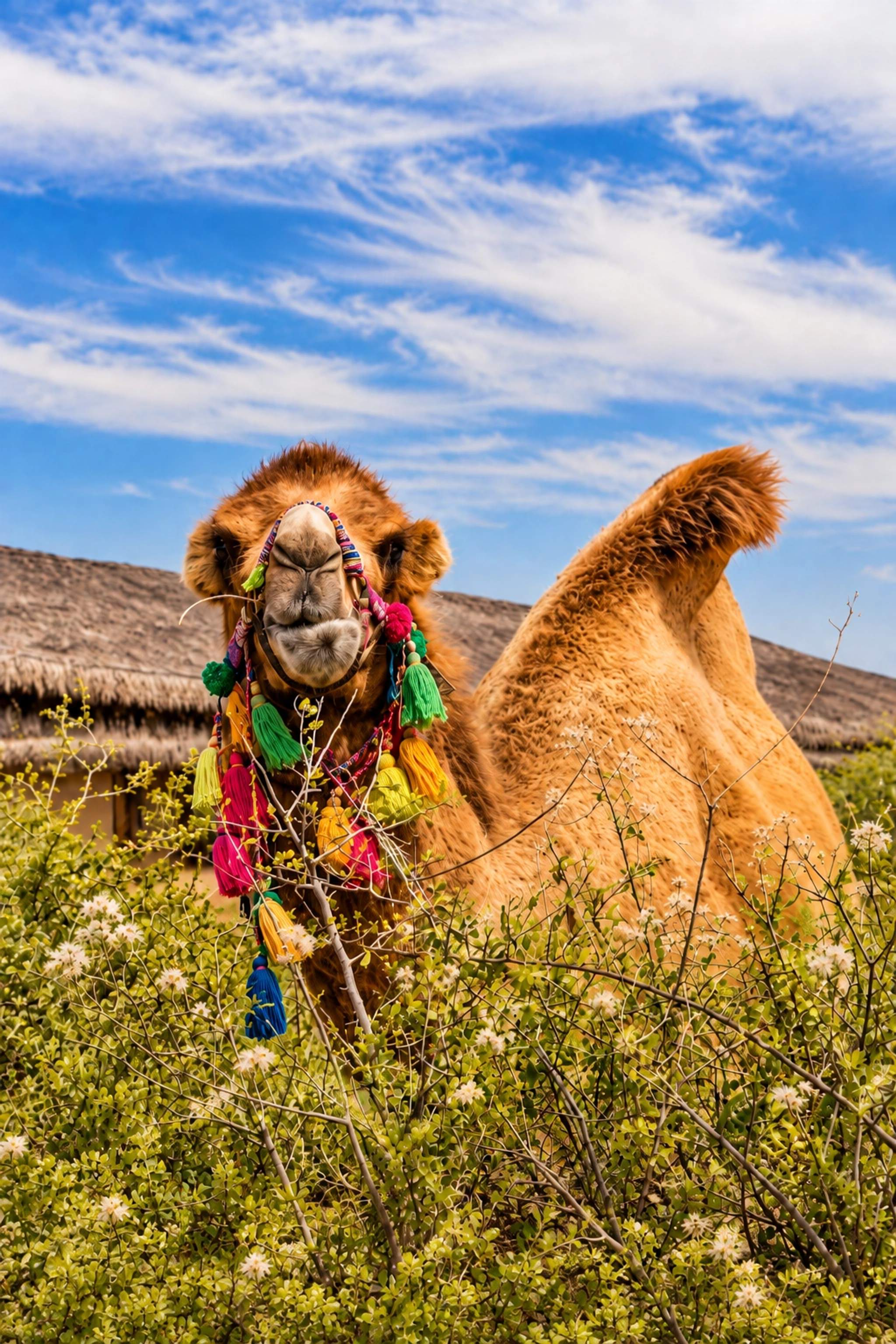 Camel Hercules stands among desert shrubs during a Cabo Adventures animal encounter at Tierra Sagrada.