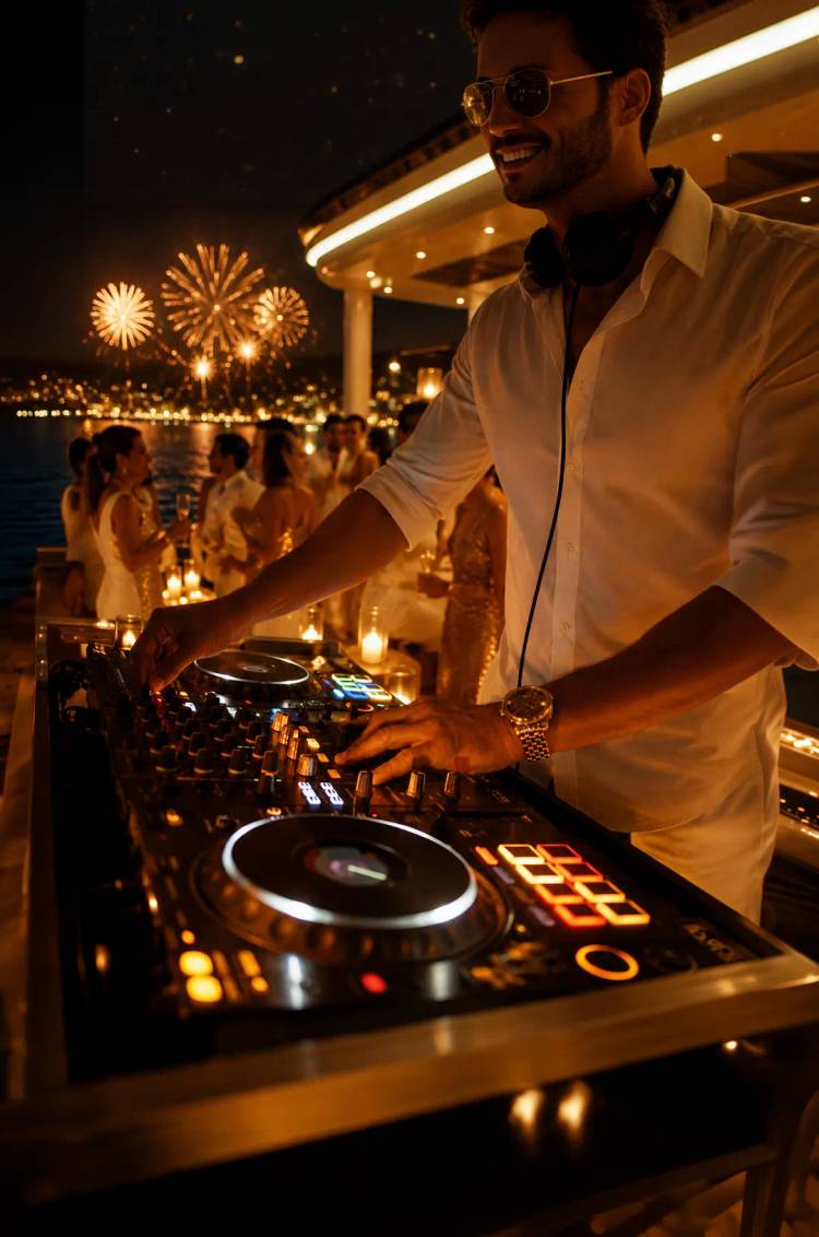 Live DJ performs during Cabo Adventures’ Golden Midnight catamaran tour as fireworks illuminate the bay.