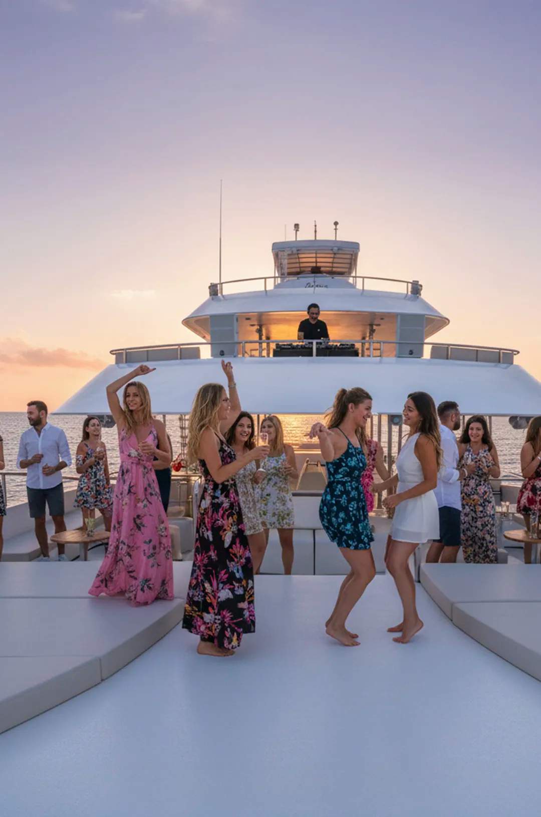 Group dancing and enjoying sunset views on a luxury catamaran party in Los Cabos.