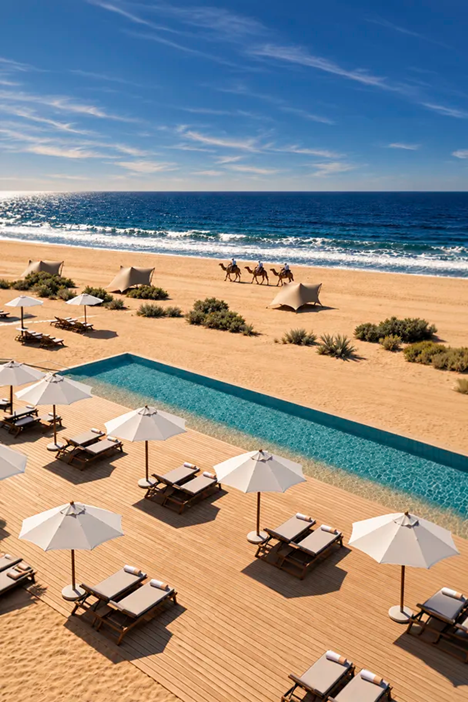 Oceanfront pool and loungers at Tierra Sagrada Beach Club by Cabo Adventures.