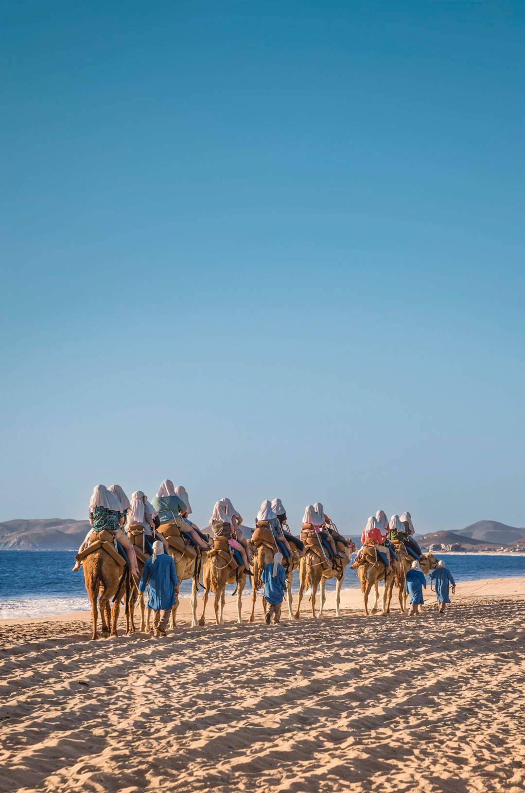 Grupo de personas montando camellos por la playa, disfrutando del paisaje frente al océano.