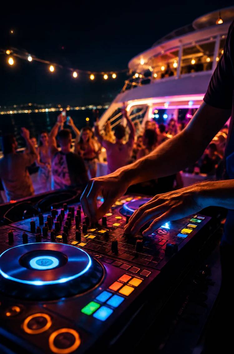 Live DJ energizes the Disco Fever New Year’s Eve party aboard Oceanus by Cabo Adventures in Cabo San Lucas.