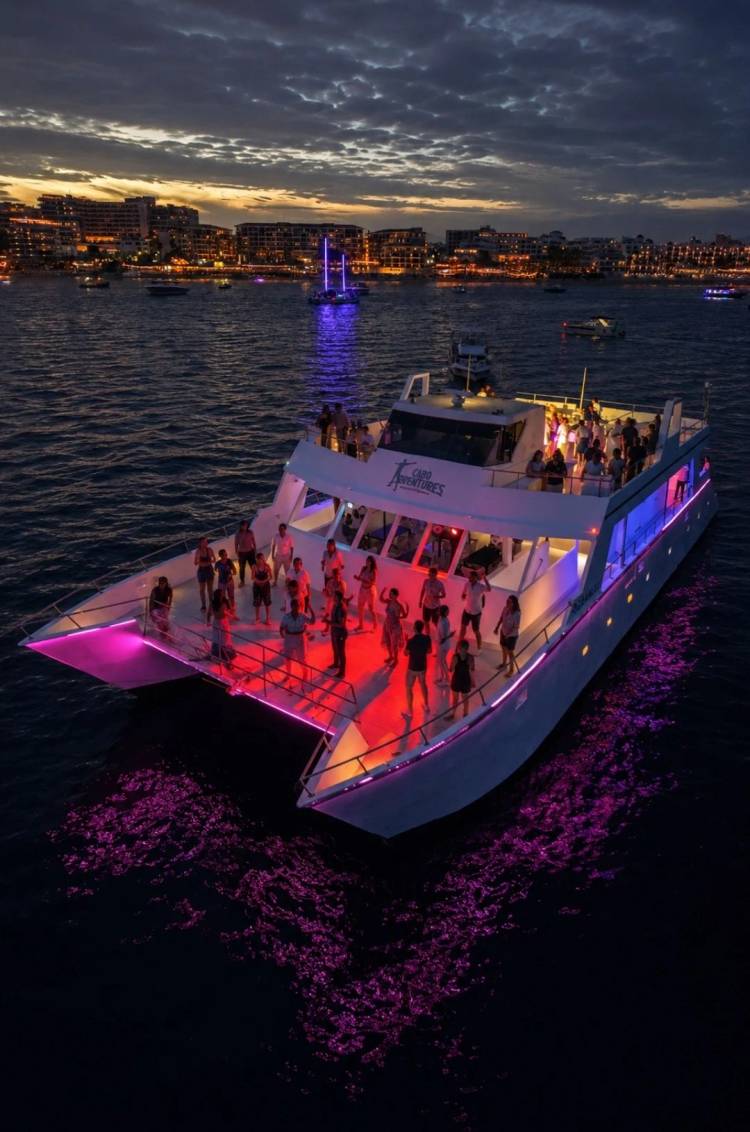 Aerial view of a nighttime party with guests dancing aboard the Oceanus catamaran off the coast of Cabo San Lucas.