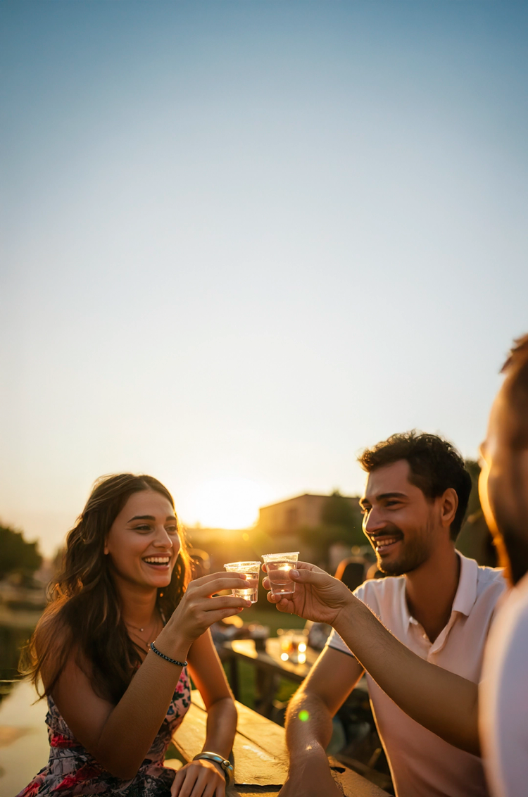 Amigos brindan con tequila al atardecer, disfrutando de un momento divertido y relajado en Cabo San Lucas.