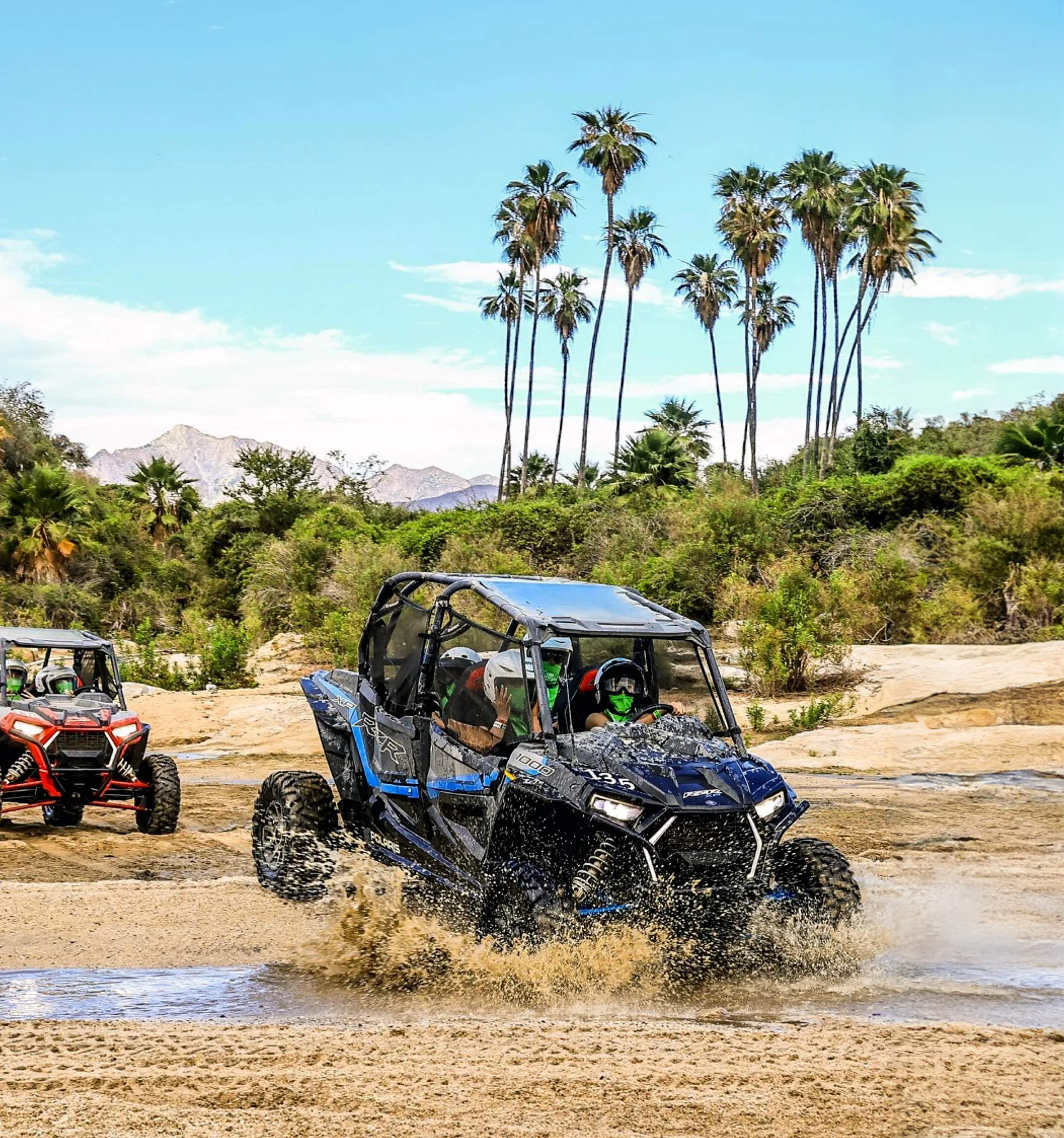 Un UTV todoterreno azul y negro salpica agua lodosa en el desierto mexicano, con palmeras y montañas al fondo.