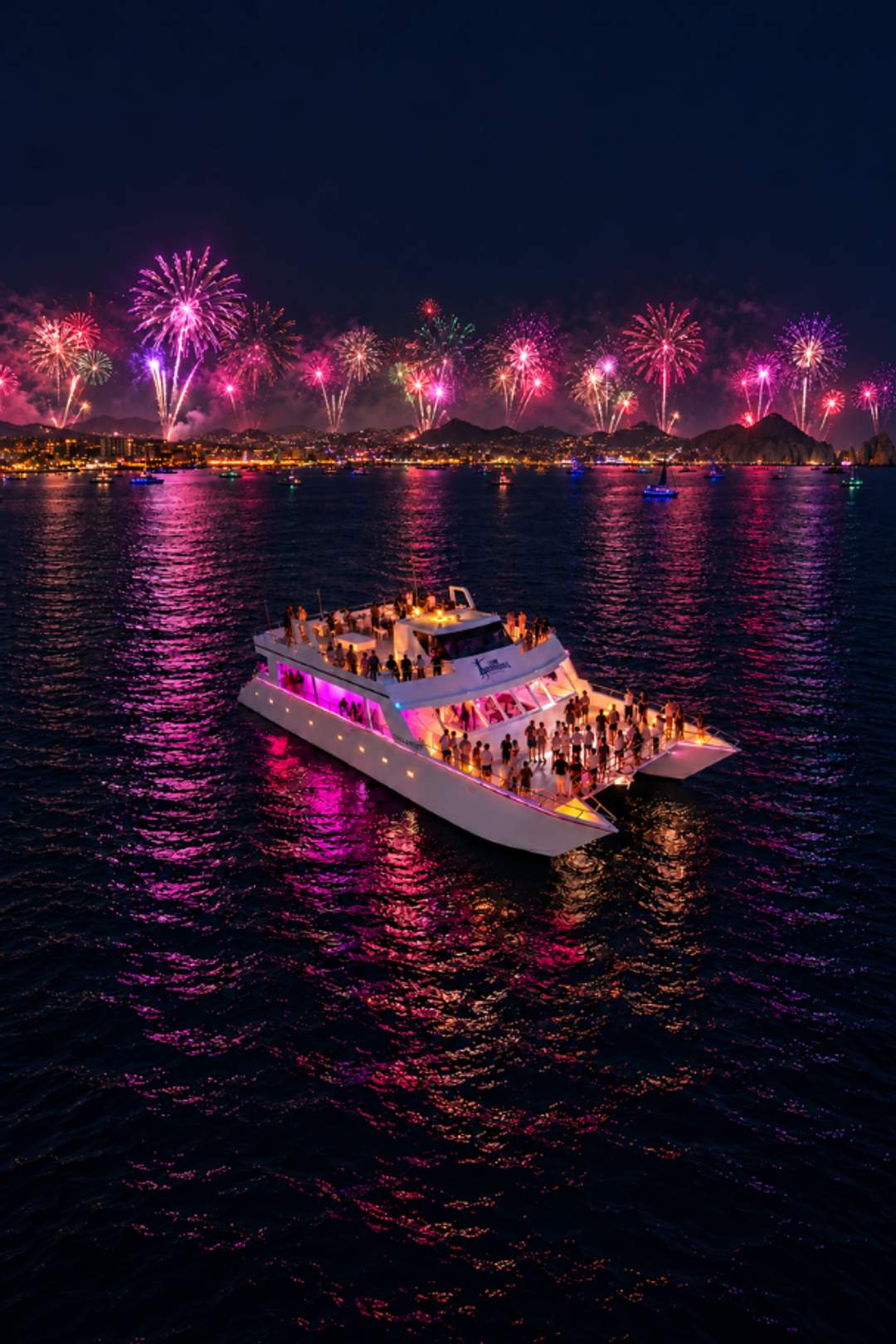 Oceanus catamaran by Cabo Adventures hosts a New Year’s Eve party beneath fireworks over Cabo.
