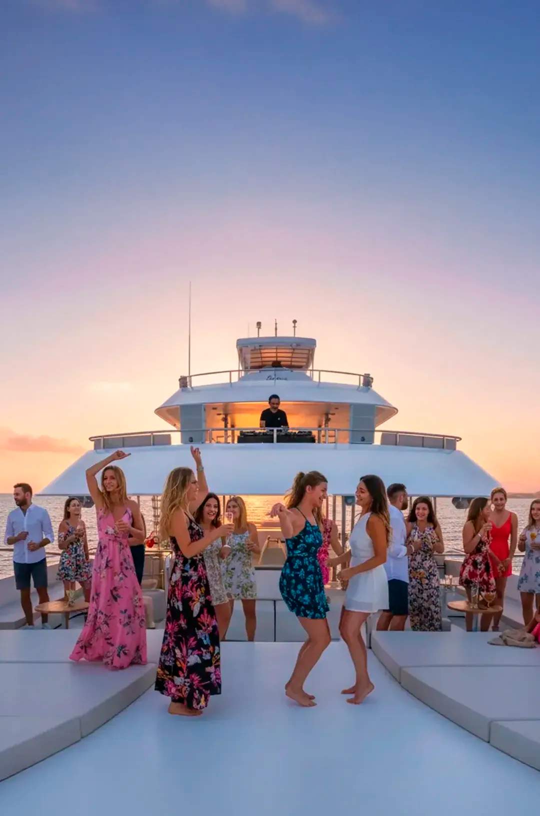 Pasajeros bailando y divirtiéndose en un Party Boat en Los Cabos al atardecer.