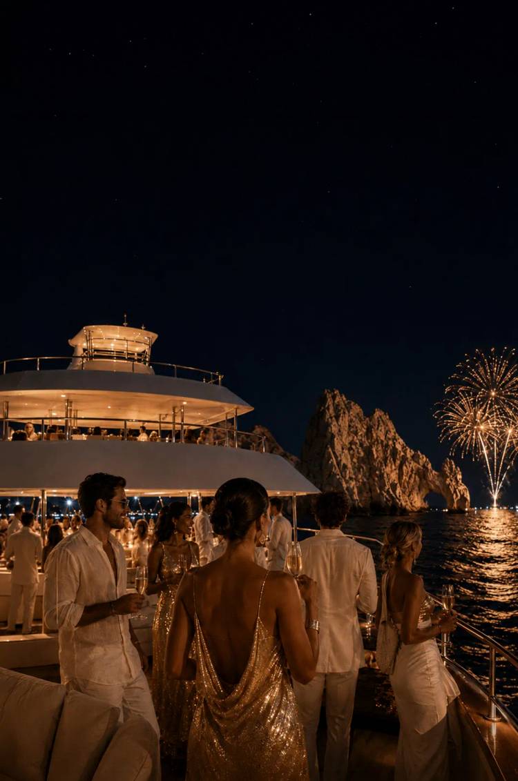 People in white dancing at Golden Mignight catamaran premium tour with Cabo Adventures