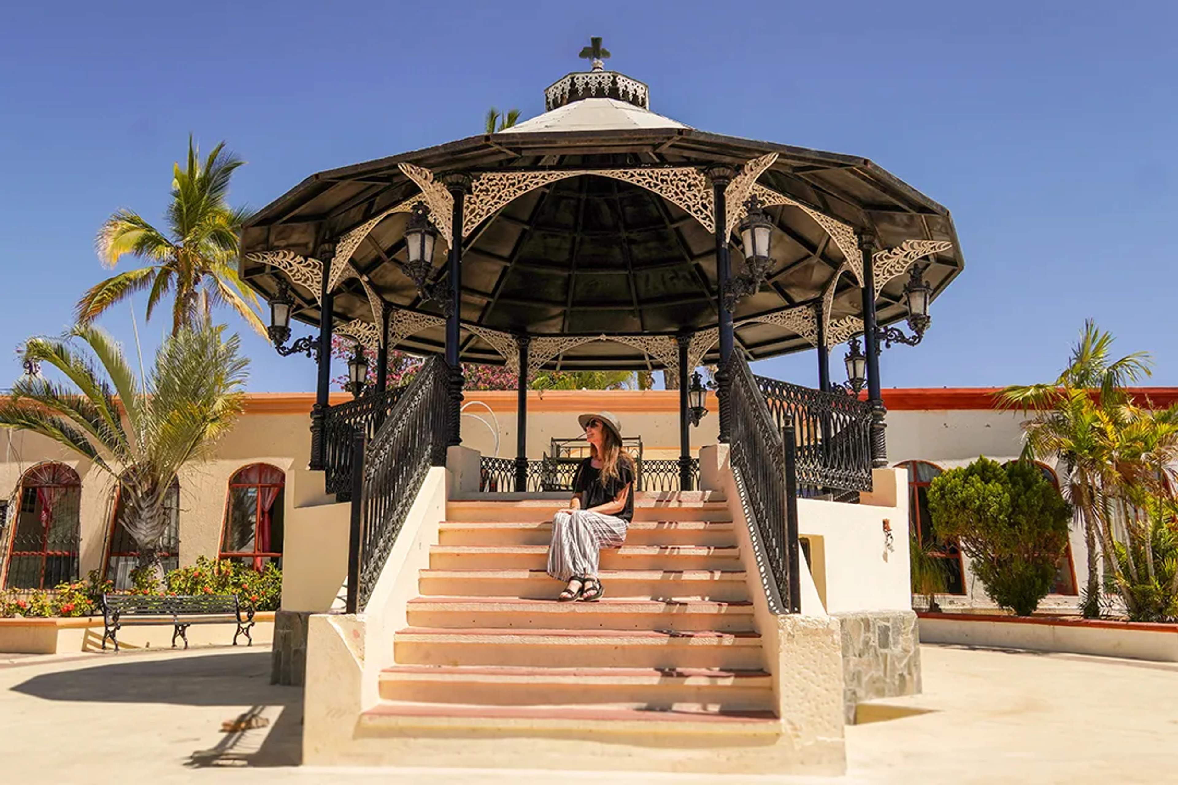 Historic gazebo in San José del Cabo's main square, showcasing colonial architecture and local culture.