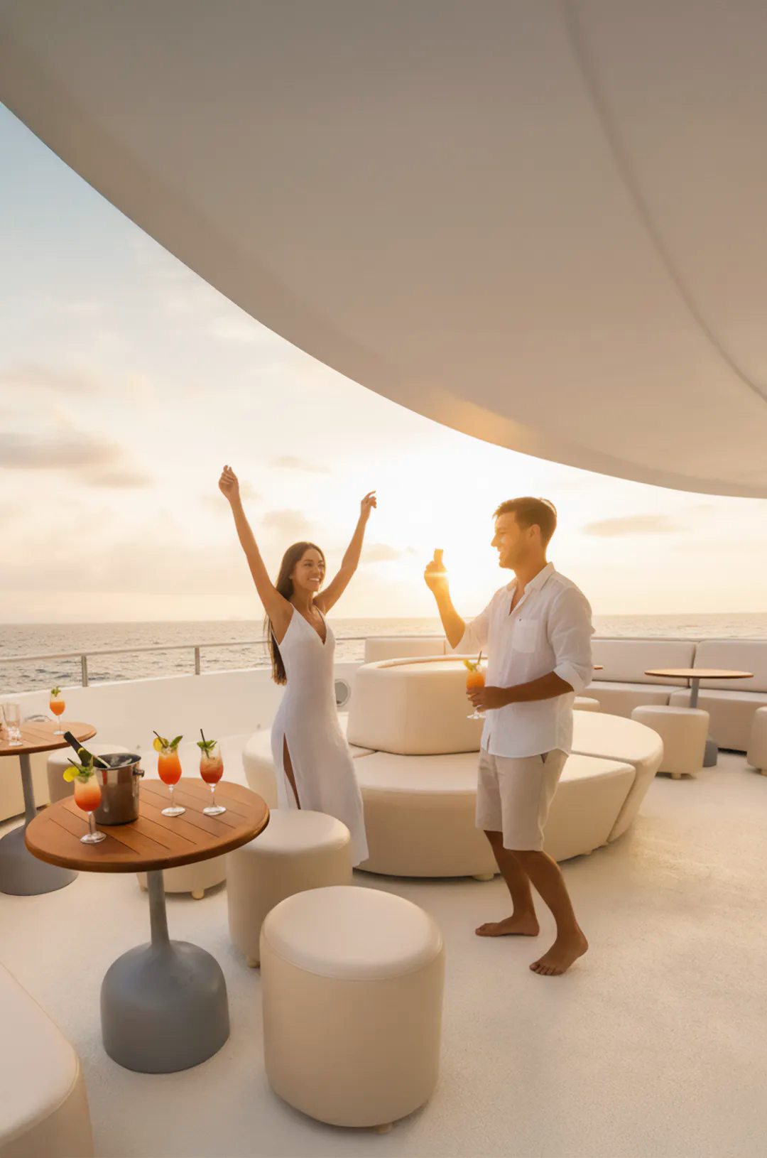 Guests enjoying cocktails and sunset views on a luxury catamaran in Los Cabos.